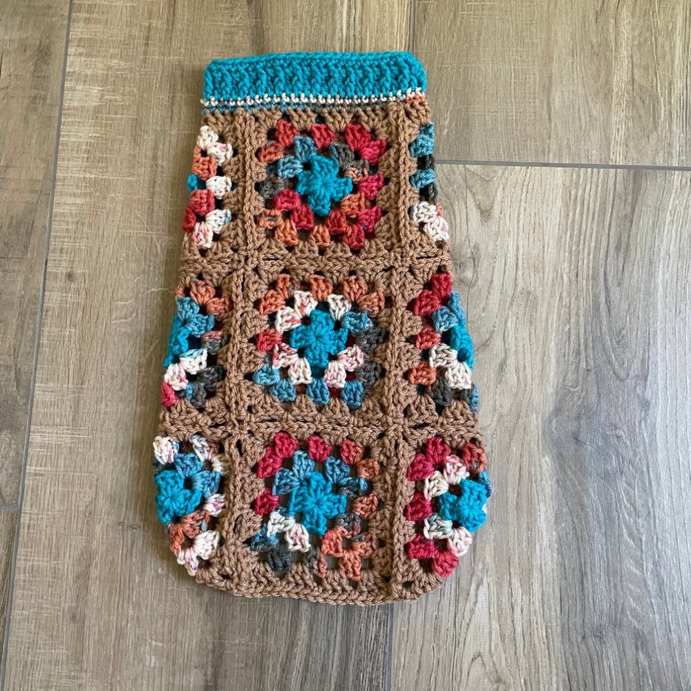 Dog Sweater Medium Tan Blue Crochet Handmade Granny Corgi, French Bulldog